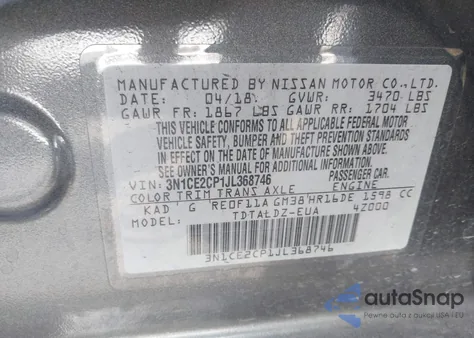 2018 Nissan Versa Note Sv из США, поврежденный, VIN 3N1CE2CP1JL368746